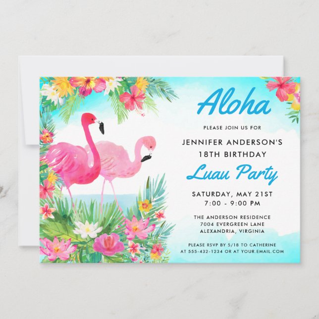 Aloha Tropical Flamingo Luau Geburtstagsparty Einladung (Vorderseite)