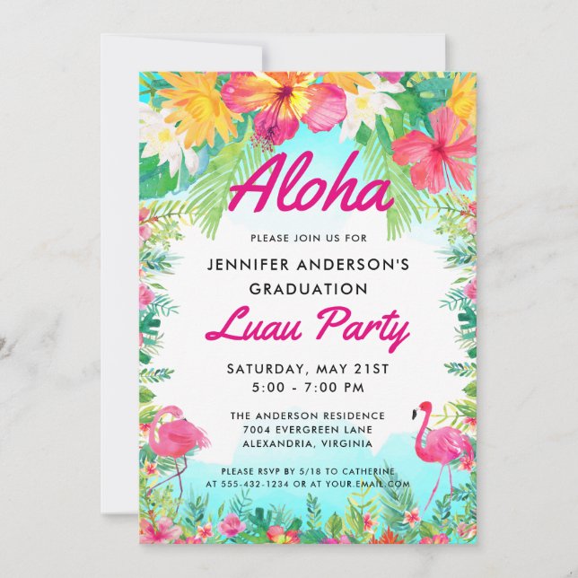 Aloha Tropical Flamingo Luau Party Abschluss Einladung (Vorderseite)