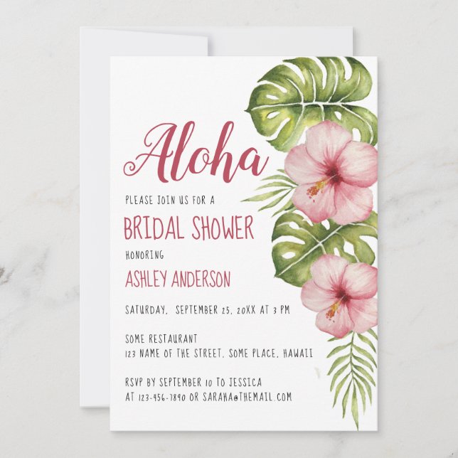 Aloha Tropical Floral Brautparty Rosa Hibiskus Einladung (Vorderseite)