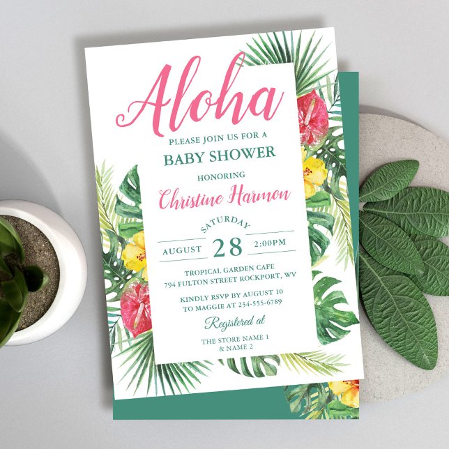 Aloha Tropical Floral Pink Baby Dusche Einladung (Von Creator hochgeladen)