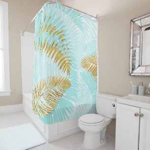 Aloha-Tropical Gold Metal Foil Aqua Palm Blätter Duschvorhang