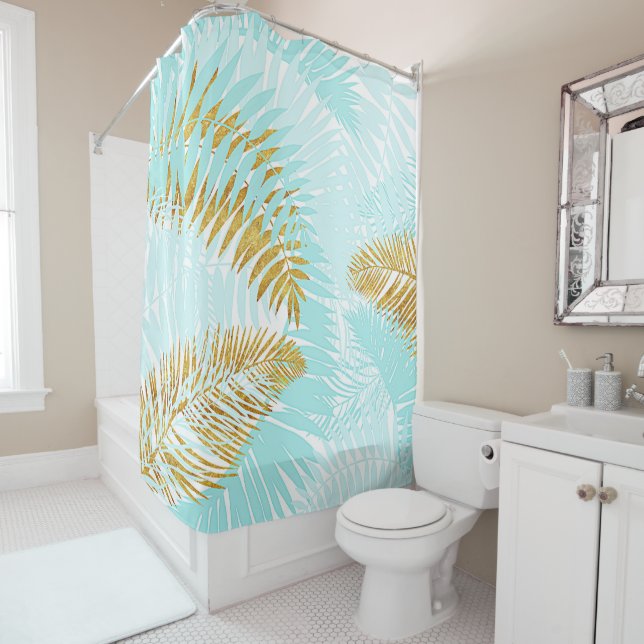 Aloha-Tropical Gold Metal Foil Aqua Palm Blätter Duschvorhang (Beispiel)