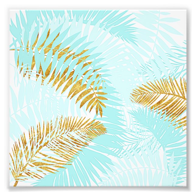 Aloha-Tropical Gold Metal Foil Aqua Palm Blätter Fotodruck (Vorne)