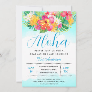 Aloha Tropical Graduation Luau Blue Invitation