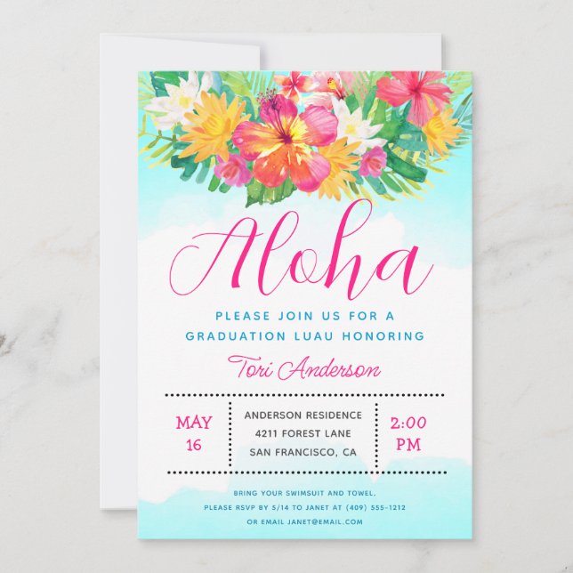 Aloha Tropical Graduation Luau Party Invitation (Devant)