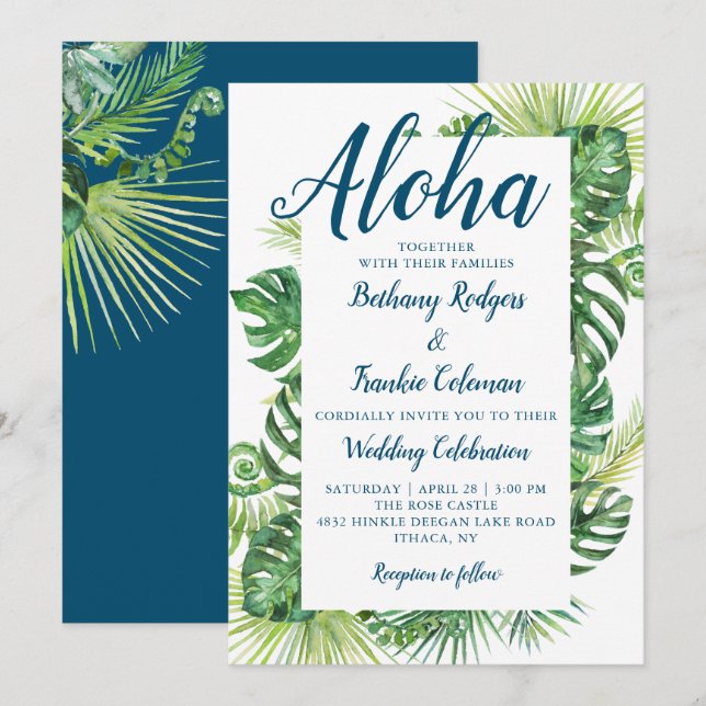 Aloha Tropical Greenerity Blue Beach Wedding Einladung (Vorne/Hinten)