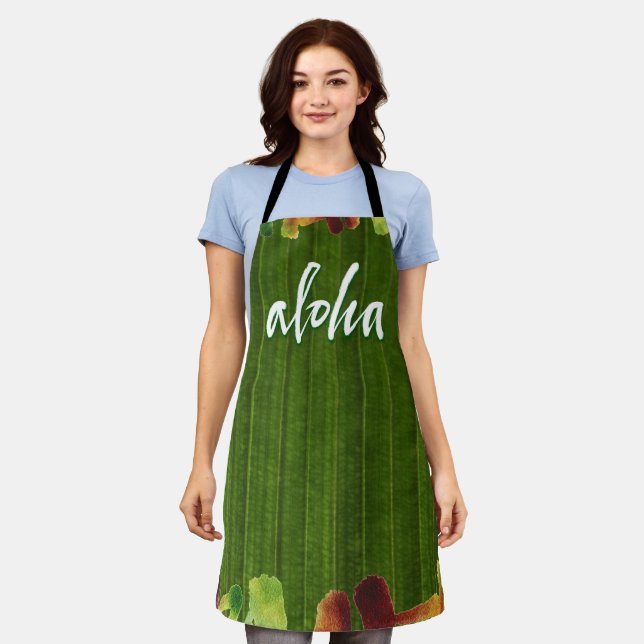 Aloha Tropical Hawai'i verlasse grüne Schrift Schürze (Getragen)
