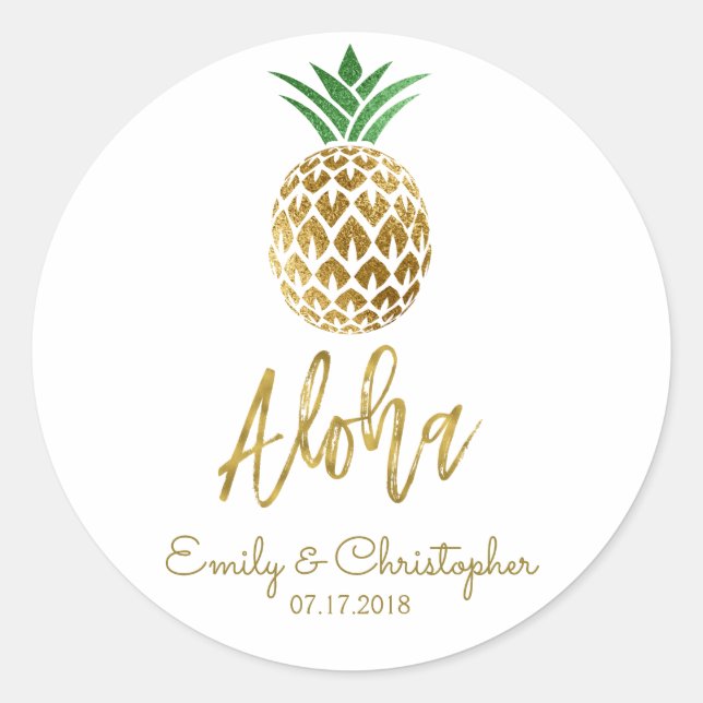 Aloha Tropical Hawaiian Ananas Hochzeit White Runder Aufkleber (Vorderseite)