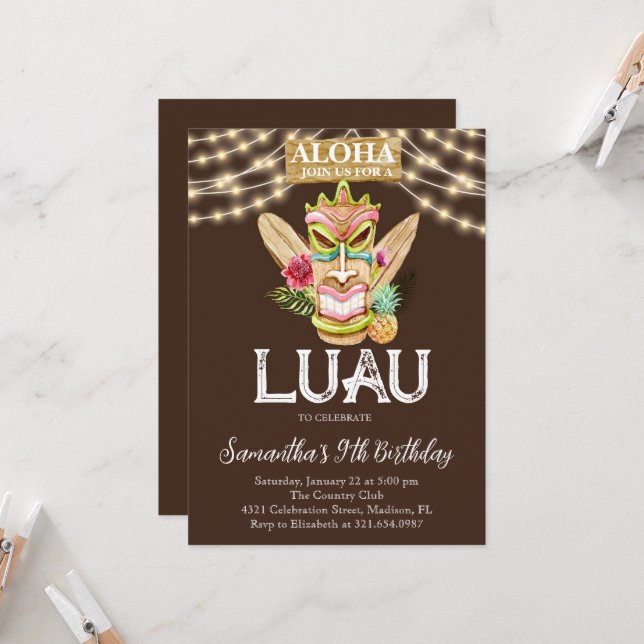 Aloha Tropical Hawaiian Tiki Luau Birthday Party Einladung (Vorderseite/Rückseite Beispiel)