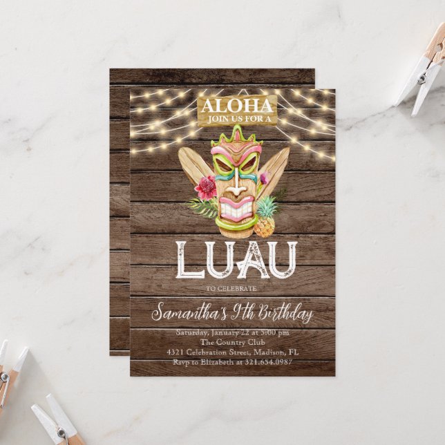 Aloha Tropical Hawaiian Tiki Luau Birthday Party Einladung (Vorderseite/Rückseite Beispiel)