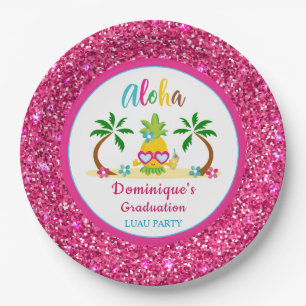 Aloha Tropical Luau Abschluss Rosa Glitzer Pappteller