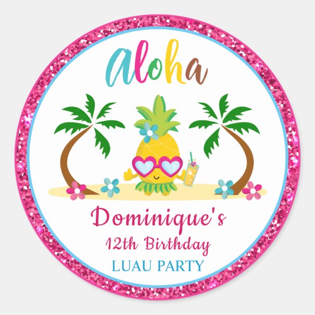 Aloha Tropical Luau Birthday Party Runder Aufkleber (Vorderseite)