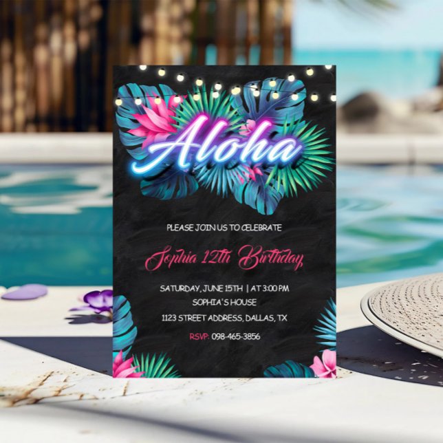 Aloha Tropical Neon Invitation Anniversaire (Créateur téléchargé)