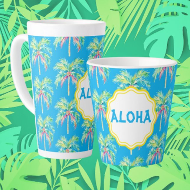 Aloha Tropical Palm Tree Blue Latte Tasse (Start your morning off right with a latte. Customize with a name or message!)