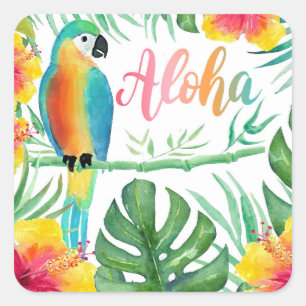 Aloha Tropical Parrot Hibiskus Palms Quadratischer Aufkleber