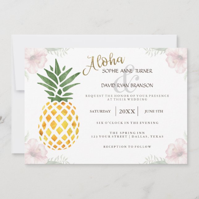 Aloha Tropical Pineapple Beach Wedding Invitation (Devant)