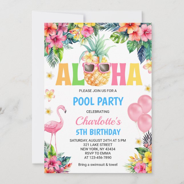 Aloha Tropical Pineapple Flamingo Poolparty Einladung (Vorderseite)