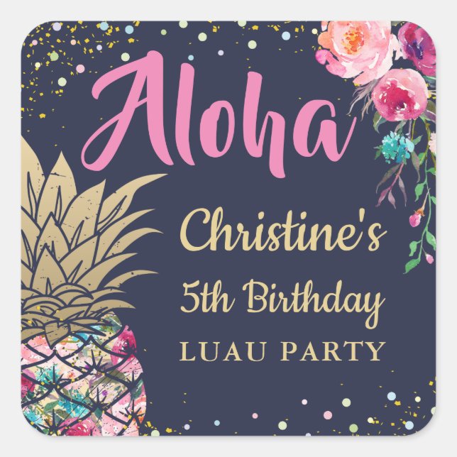 Aloha Tropical Pineapse Pink Bläserner Geburtstag Quadratischer Aufkleber (Vorderseite)