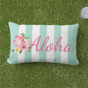 Aloha Tropical Pink Blume und Aqua Blue Streifen Kissen Für Draußen
