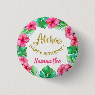 Aloha Tropical Pink Gold Hibiskus Geburtstagsparty Button