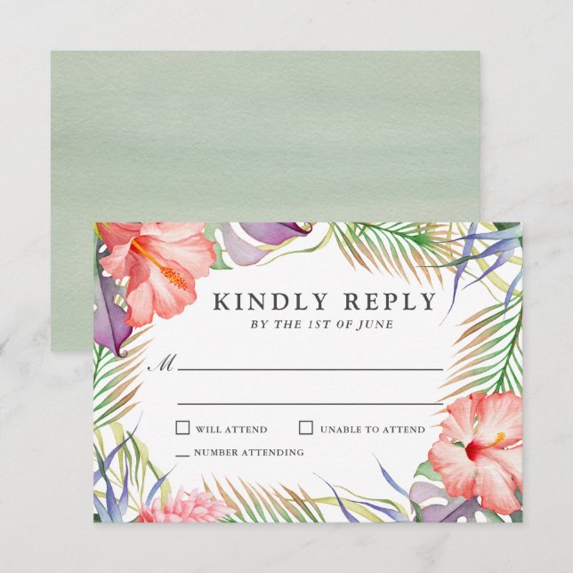 Aloha Tropical Watercolor Floral Wedding RSVP (Vorne/Hinten)