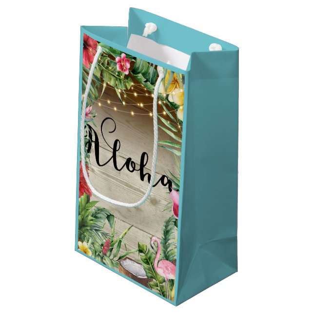 Aloha Tropical Wood Floral Blätter & Lights Luau Kleine Geschenktüte (Rückseite Schrägansicht)