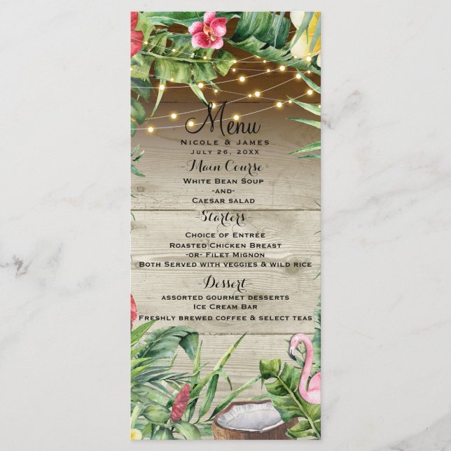 Aloha Tropical Wood Floral Blätter Lights Menu Menükarte (Vorderseite)
