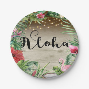 Aloha Tropical Wood Floral Blätter & Lights Weddin Pappteller
