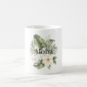 Aloha Tropische Grüne Blätter Weiße Hibiskus Orchi Kaffeetasse