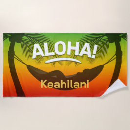 ALOHA Tropische Palme und Sonnenuntergang Strandtuch