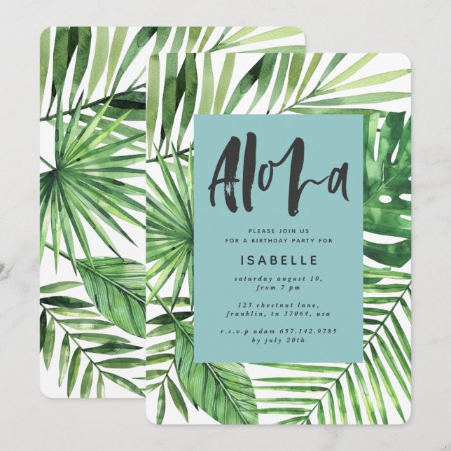 Aloha tropische Palmenblätter & Drehbücher aquamar Save The Date (Vorne/Hinten)