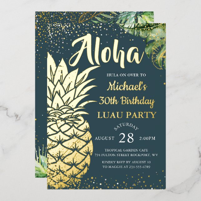Aloha Tropisches Gold Ananas Folieneinladung (Vorderseite/Rückseite)