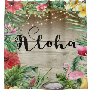 Aloha Tropisches Holz Blumen Blätter & Lichter Chi Duschvorhang