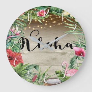 Aloha Tropisches Holz Blumen Blätter & Lichter Chi Große Wanduhr