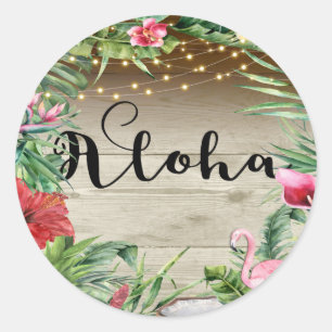 Aloha Tropisches Holz Florale Blätter und Lichter Runder Aufkleber