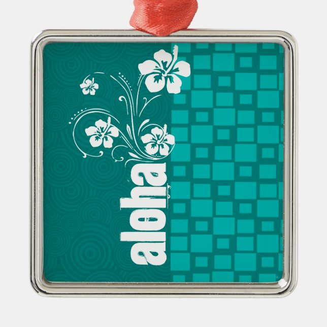 Aloha; Türkis-Quadrate; Retro Silbernes Ornament (Vorne)