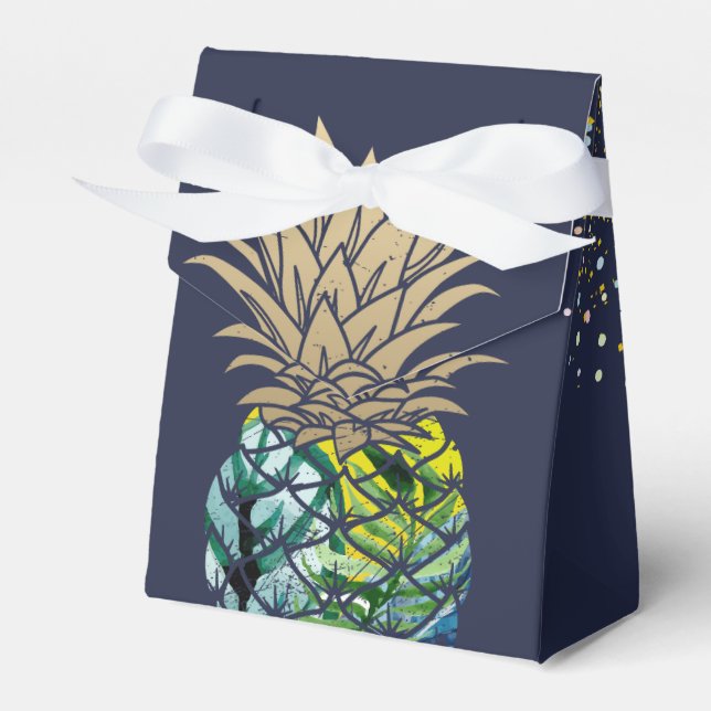 Aloha Watercolor Tropische Ananas Navy Blue Geschenkschachtel (Vorderseite)