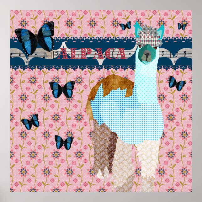 Alpaca Boho Butterfliegen Pink Floral Poster (Vorne)