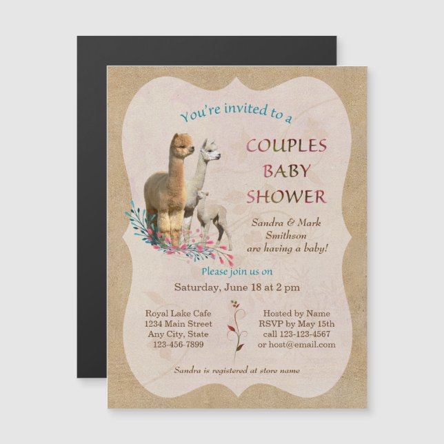 Alpaca Couples Baby shower Invitations magnétiques (Devant / Derrière)