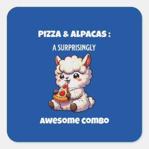Alpaca esst Pizza (weißer Text) Quadratischer Aufkleber