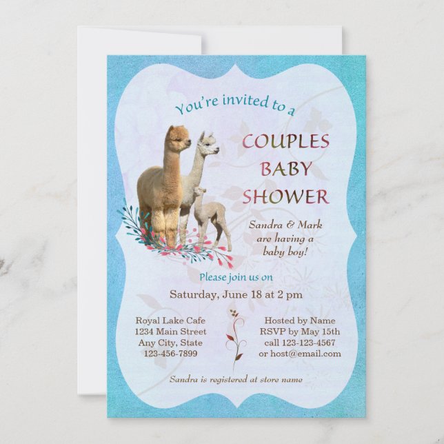Alpaca Famille Couples Baby shower Invitation garç (Devant)