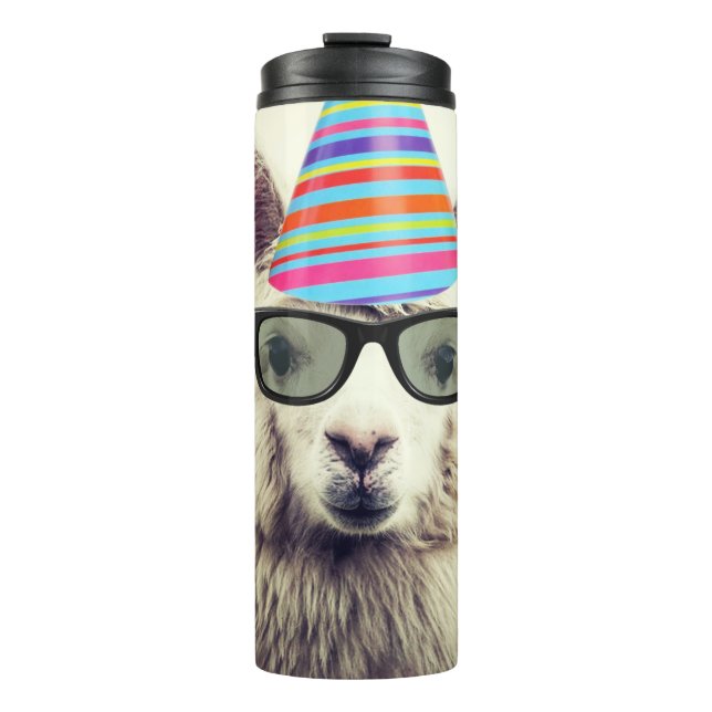 Alpaca in Brille und Party Hat Thermosbecher (Vorderseite)