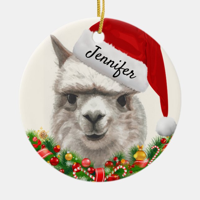 Alpaca lächelt ADD NAME & YEAR Weihnachtsbaum Keramik Ornament (Vorne)