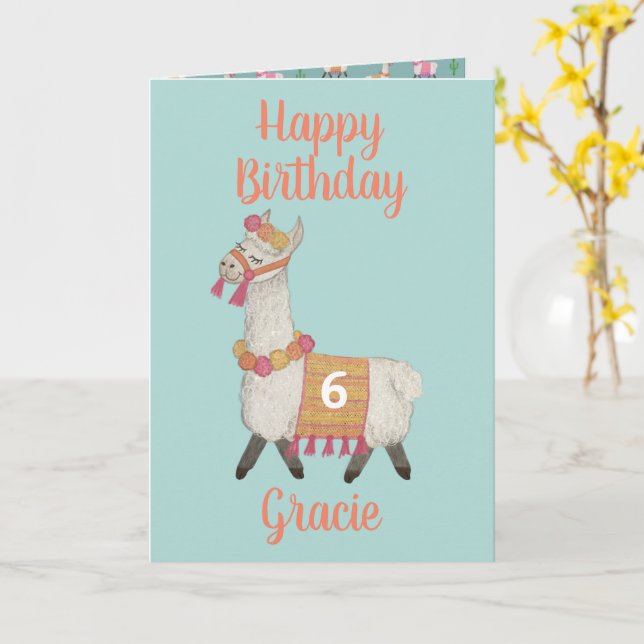 Alpaca personnalisable Âge 6 Anniversaire Carte (Fleur jaune)