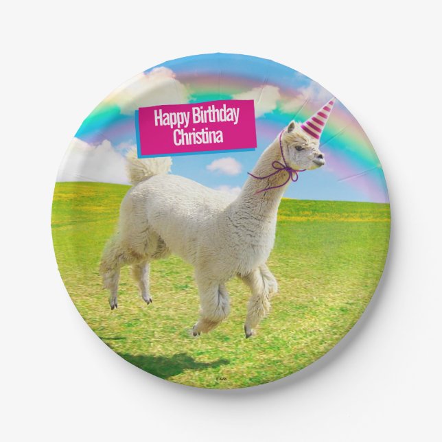 Alpaca Unicorn unter Rainbow Sky Pappteller (Vorderseite)