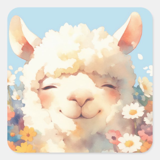 Alpaca Verstecken in Blume Quadratischer Aufkleber (Vorderseite)