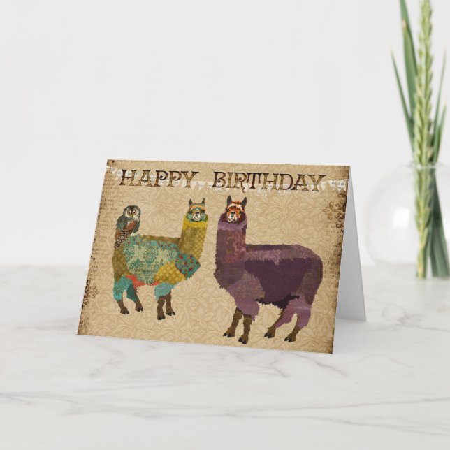 Alpacas & Aquamarin Owl Geburtskarte Karte (Vorderseite)