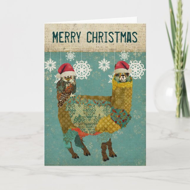Alpaga d'or et carte de Noël de hibou (Devant)