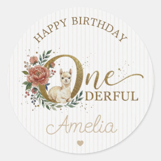 Alpaka 1. Geburtstag Aquarell Rosa Blume Runder Aufkleber