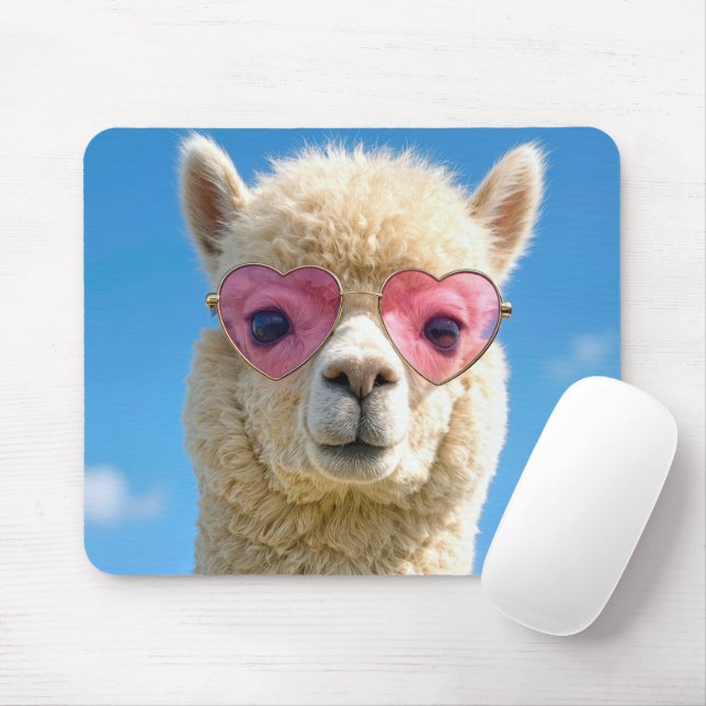 Alpaka mit rosa herzförmiger Brille Mousepad (Mit Mouse)
